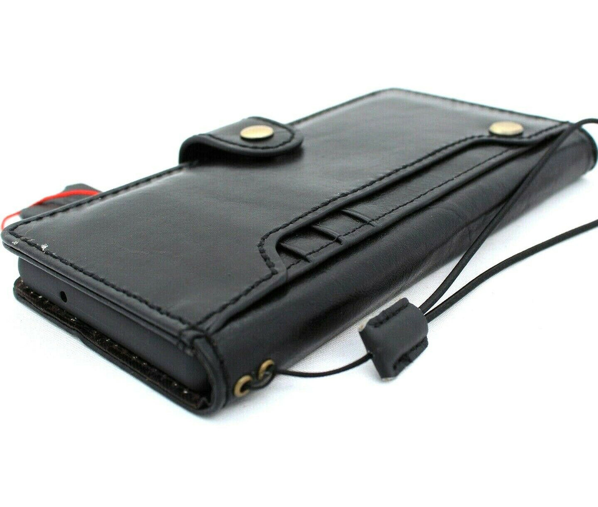 DavisCase genuine black leather wallet case for Samsung Galaxy Note 20 5G with card slots, ID window, and soft rubber edges.