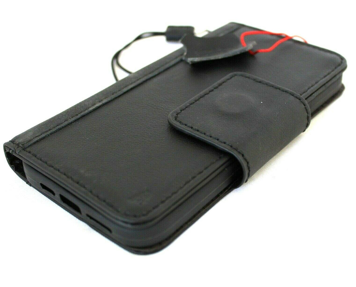 Genuine black leather iPhone 12 Pro case by DAVISCASE, vintage style wallet with soft magnetic closure and credit card slots.
