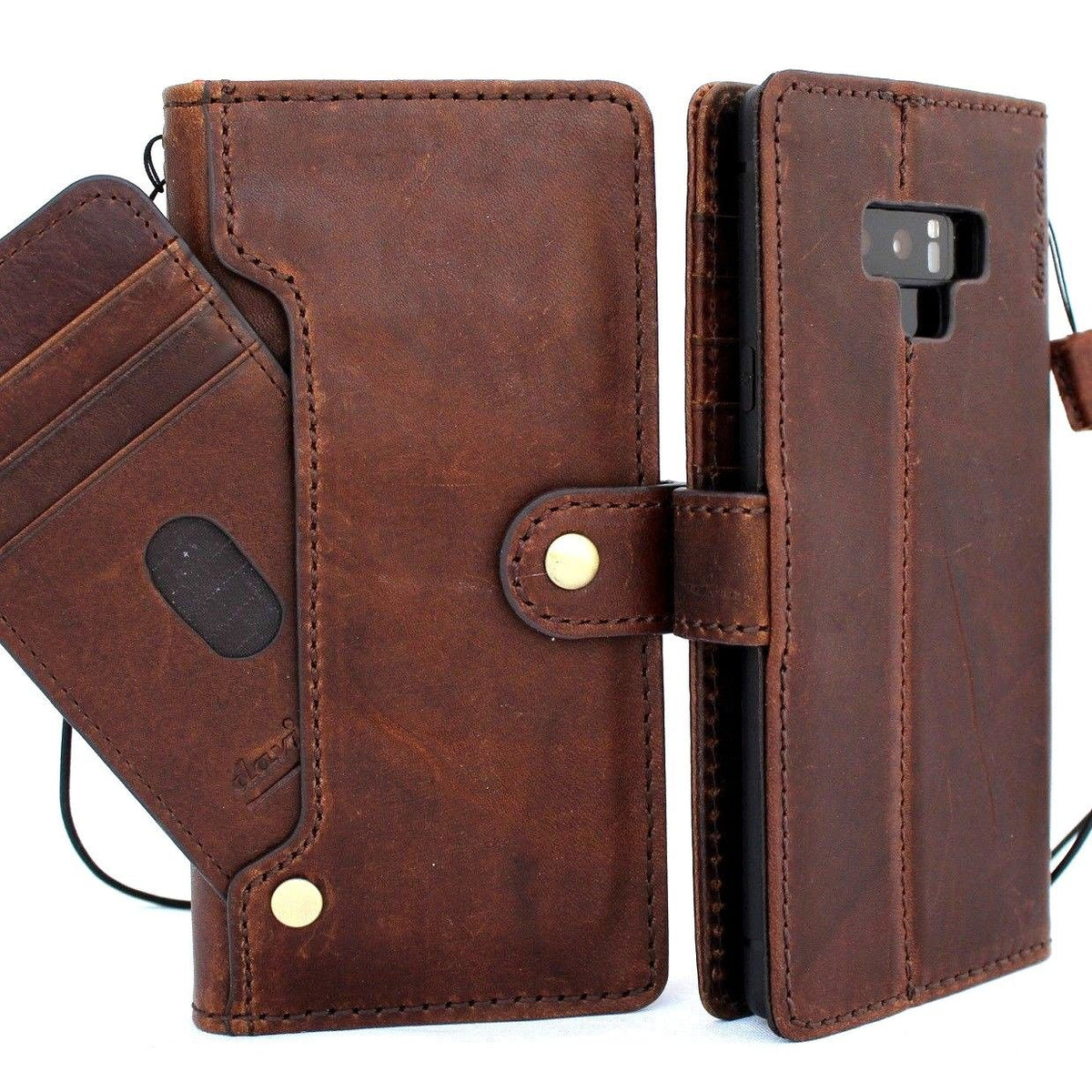 Genuine vintage leather Samsung Galaxy Note 9 case by DAVISCASE with wallet design, card slots, handmade details, and rubber cover closure.