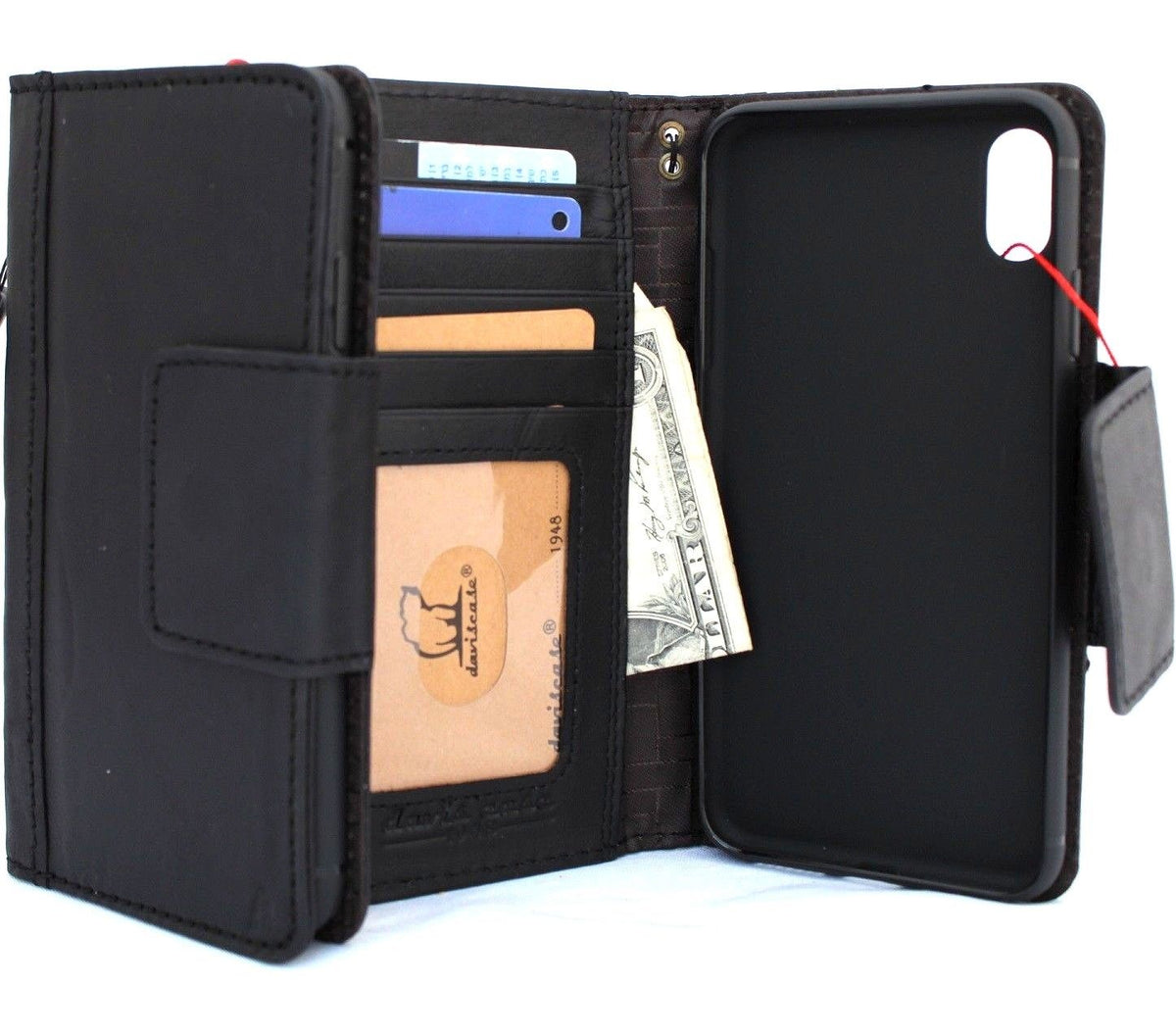 Black genuine leather iPhone XS Max wallet case with magnetic closure, card slots, slim vintage design, handmade by Daviscase