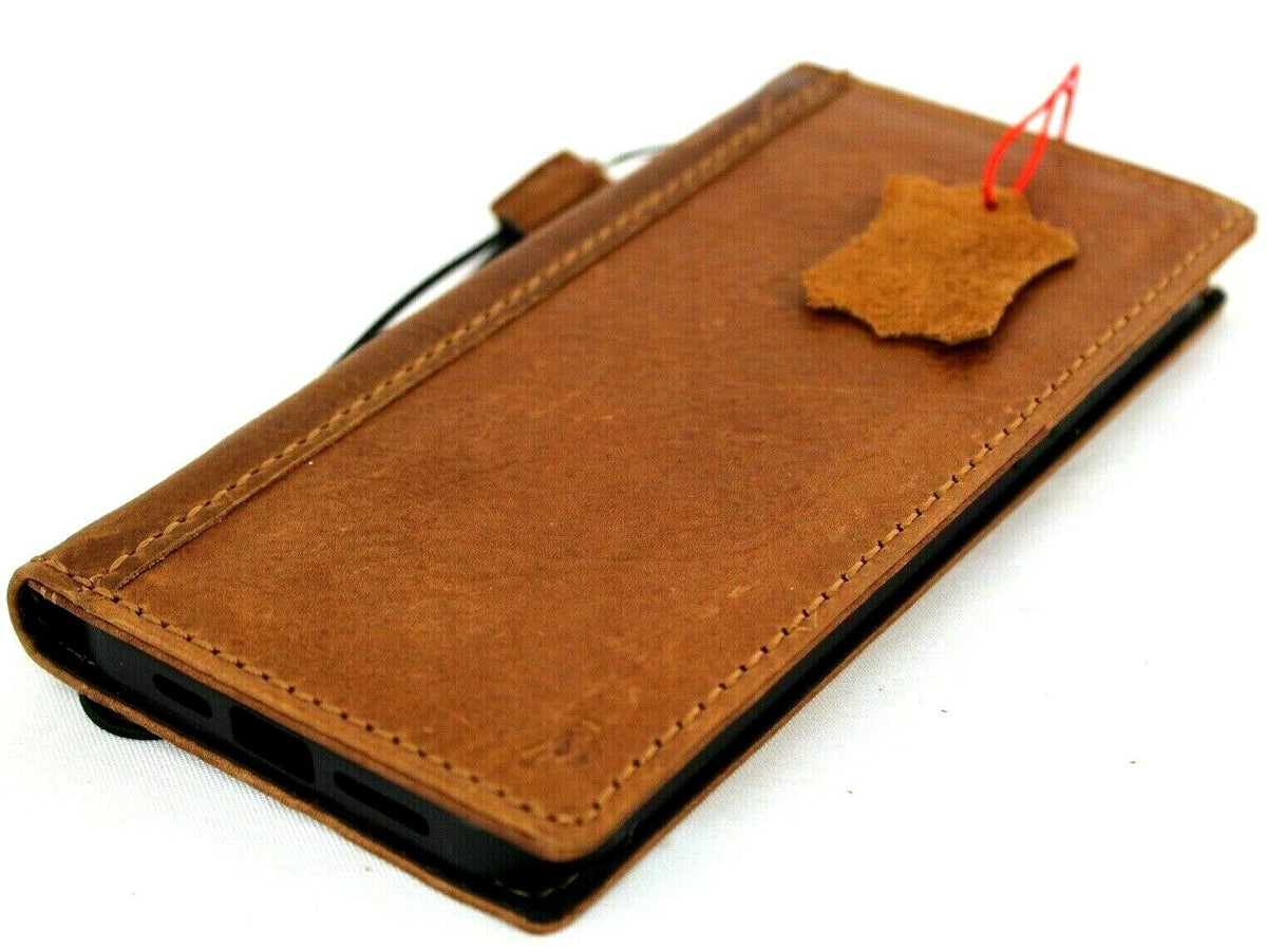 DavisCase genuine full tan leather iPhone 12 Pro Max book wallet case with ID window and credit card slots, soft full grain leather.
