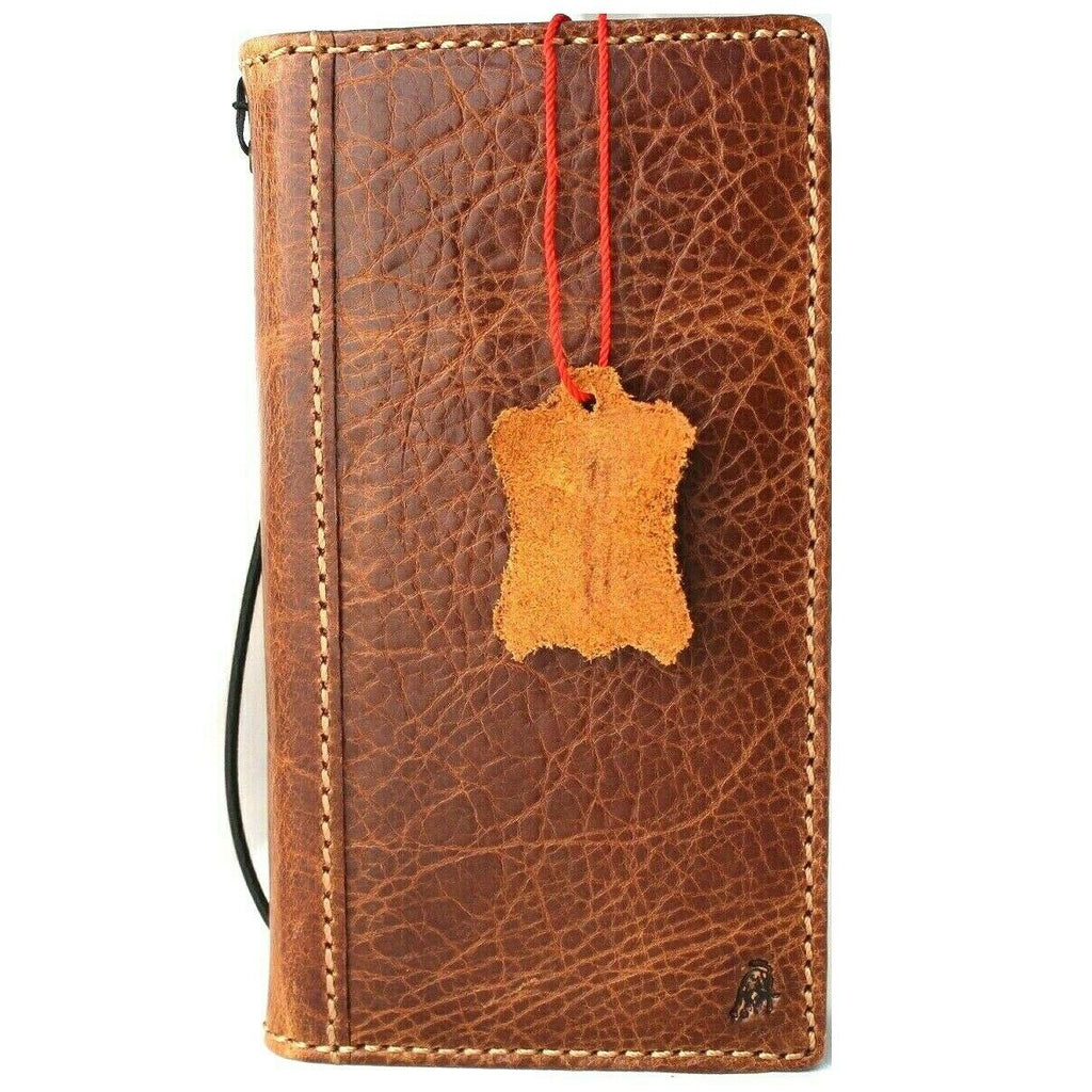 Handmade genuine leather wallet phone case for iPhone 13-17 Pro Max, vintage tan full grain leather with credit card slots.