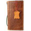 Handmade genuine leather wallet phone case for iPhone 13-17 Pro Max, vintage tan full grain leather with credit card slots.