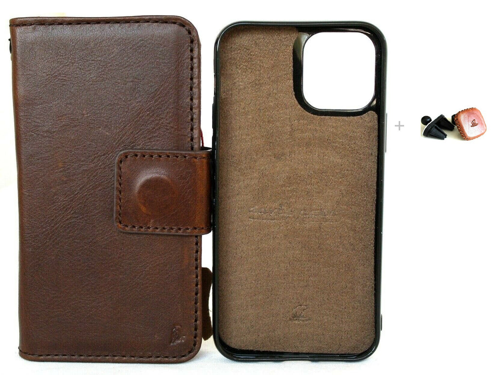 Genuine dark natural leather iPhone 12 Pro case by DAVISCASE with ID window, credit card slots, vintage style, soft cover, magnetic holder