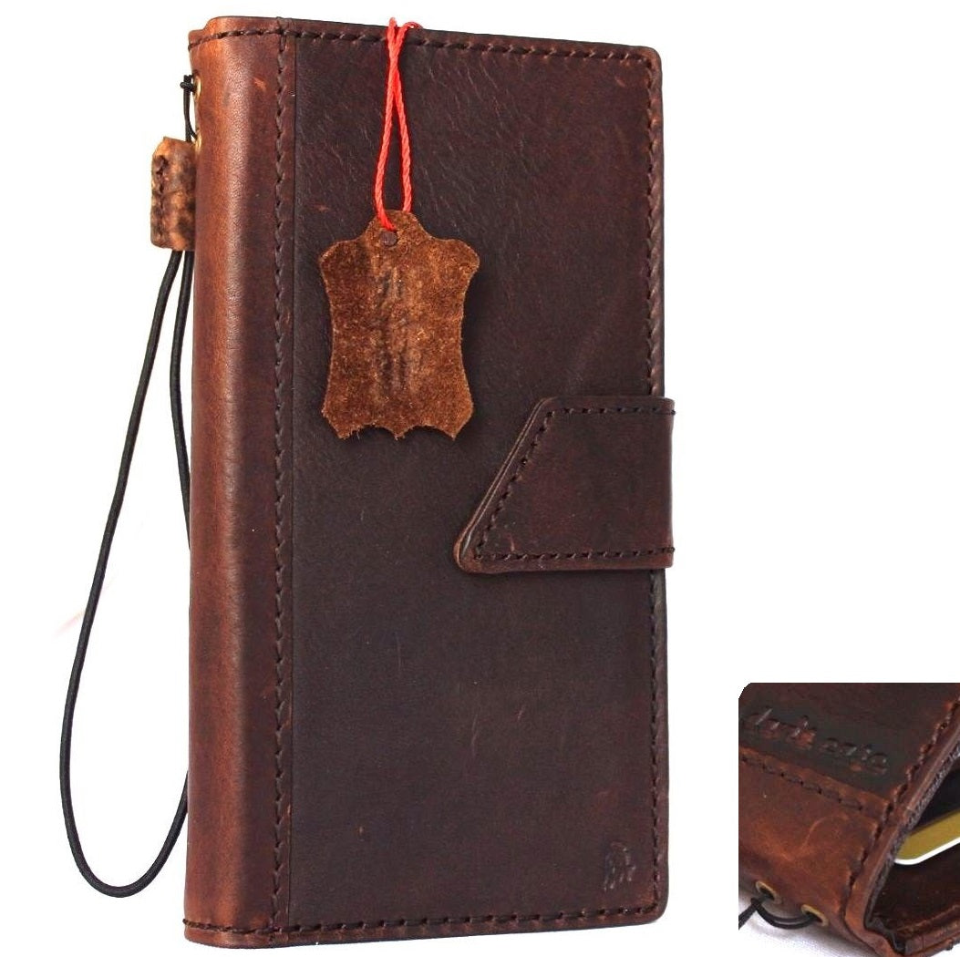 Brown genuine leather iPhone 8 Plus wallet case with card slots, slim vintage style, magnetic closure by DAVISCASE.
