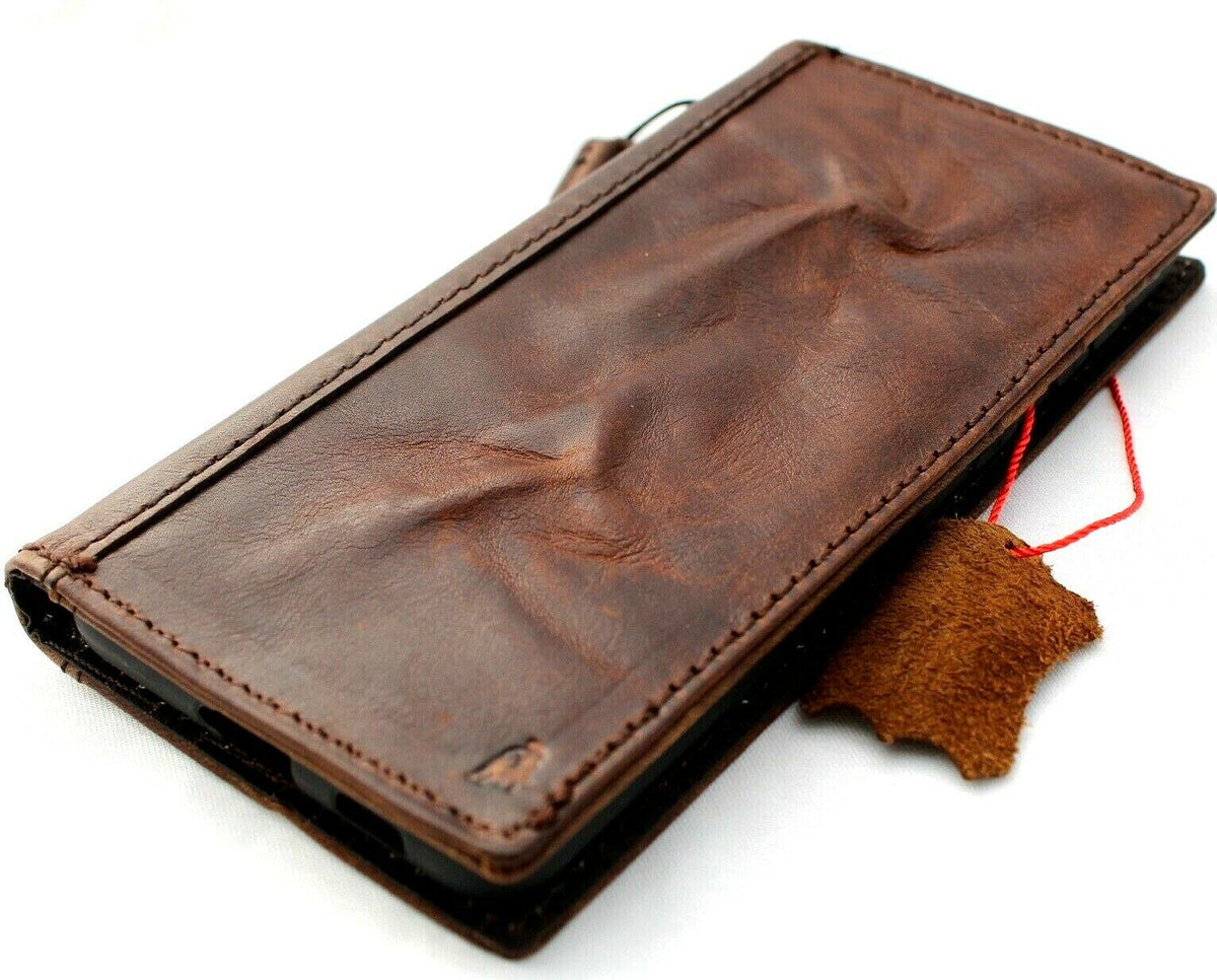 Genuine dark vintage leather wallet case for Samsung Galaxy S22 Plus 5G with ID window, card slots, and wireless charging holder by DavisCase.