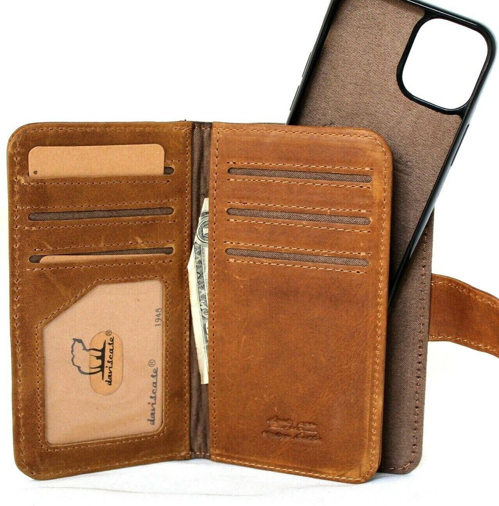 Genuine tan leather iPhone 12 Mini case with vintage book wallet design, credit card slots, soft closure, and magnetic detachable cover.