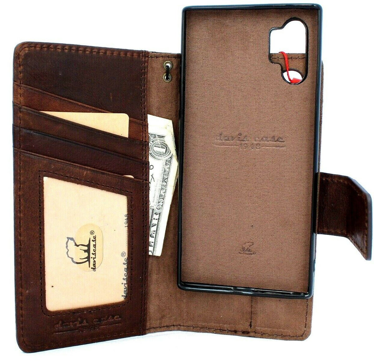 Dark brown genuine leather wallet phone case for Samsung Galaxy Note 10 with card slots, stand function, and magnetic closure.