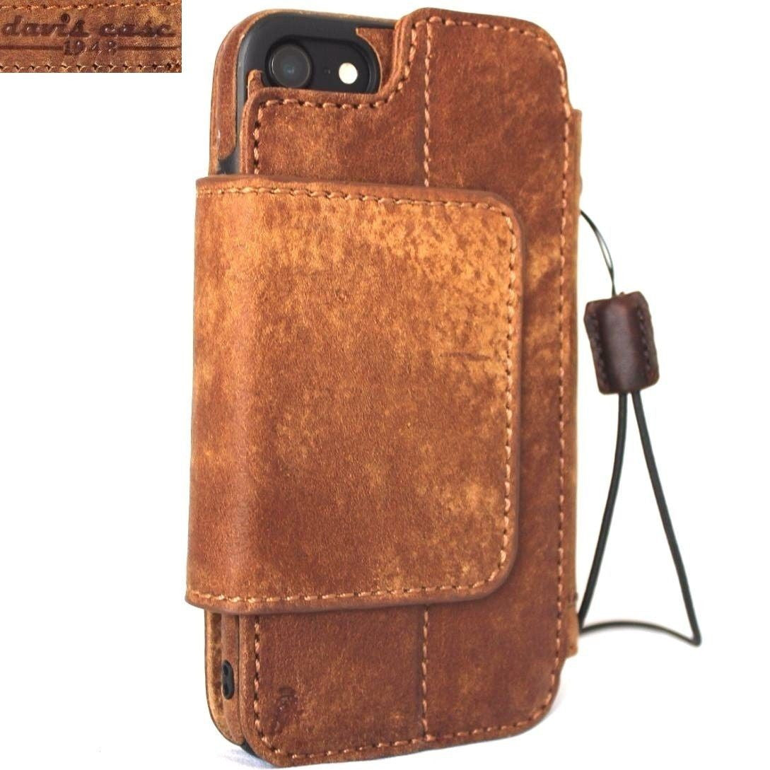 Handmade vintage brown leather wallet case for iPhone 8 with magnetic closure, removable cover, and handcrafted design.