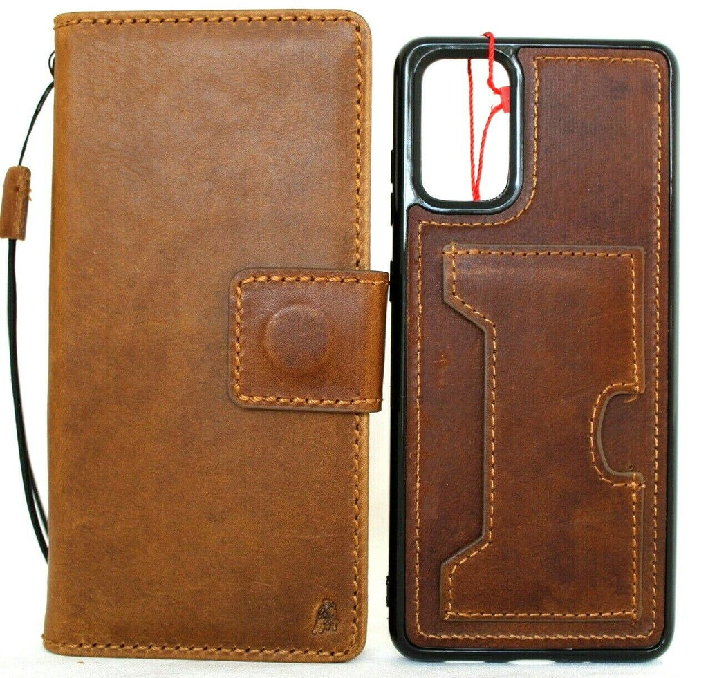 DavisCase genuine full leather wallet case for Samsung Galaxy S20 Plus with card slots, rubber window, and removable holder in soft tan