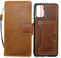 DavisCase genuine full leather wallet case for Samsung Galaxy S20 Plus with card slots, rubber window, and removable holder in soft tan