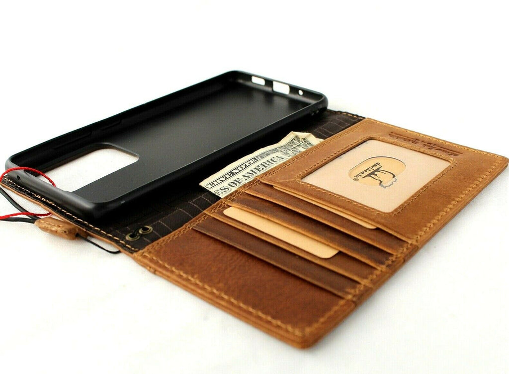 Genuine leather wallet case for Samsung Galaxy S20 Ultra by DAVISCASE, with card slots, wireless charging holder, and luxurious design.