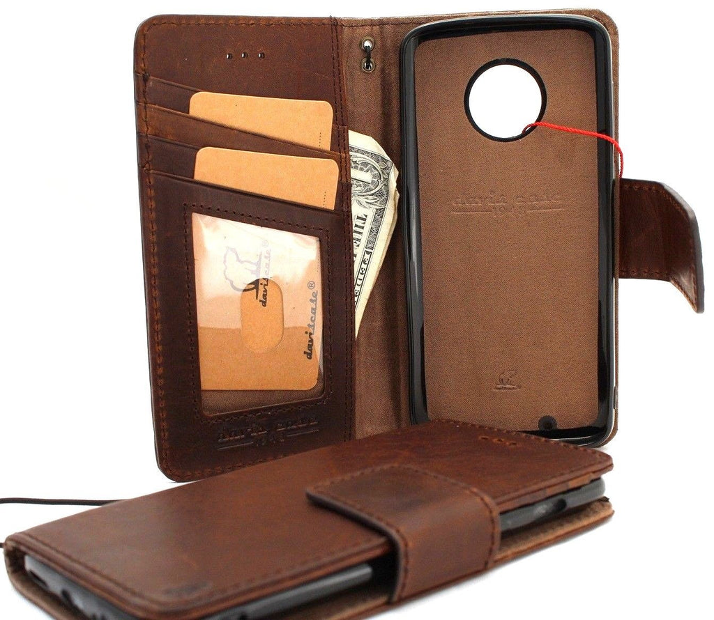 Handmade genuine leather phone case for Motorola Moto G6 Plus with removable wallet and magnet clip, providing stylish protection.