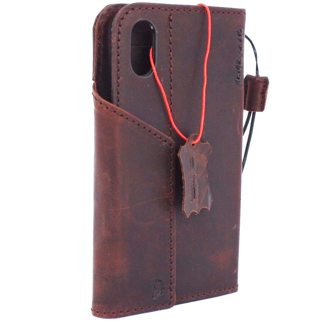 Dark brown genuine leather iPhone X wallet case with card slots, magnet closure, slim vintage design, handcrafted by Daviscase.