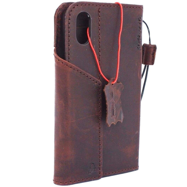Étui en cuir véritable pour iPhone X livre portefeuille fermeture magnétique couverture fentes pour cartes mince vintage marron foncé mince Daviscase 3D 
