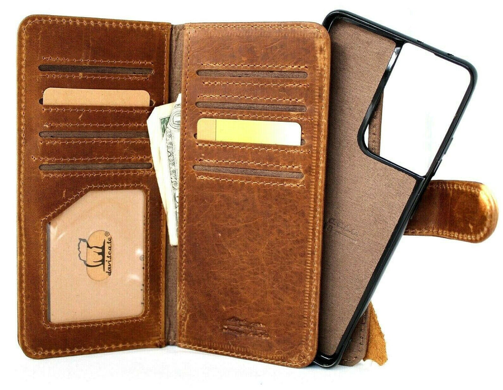 Genuine leather Galaxy S24 Ultra book wallet case with card slots, window, magnetic closure, and removable cover by DAVISCASE.