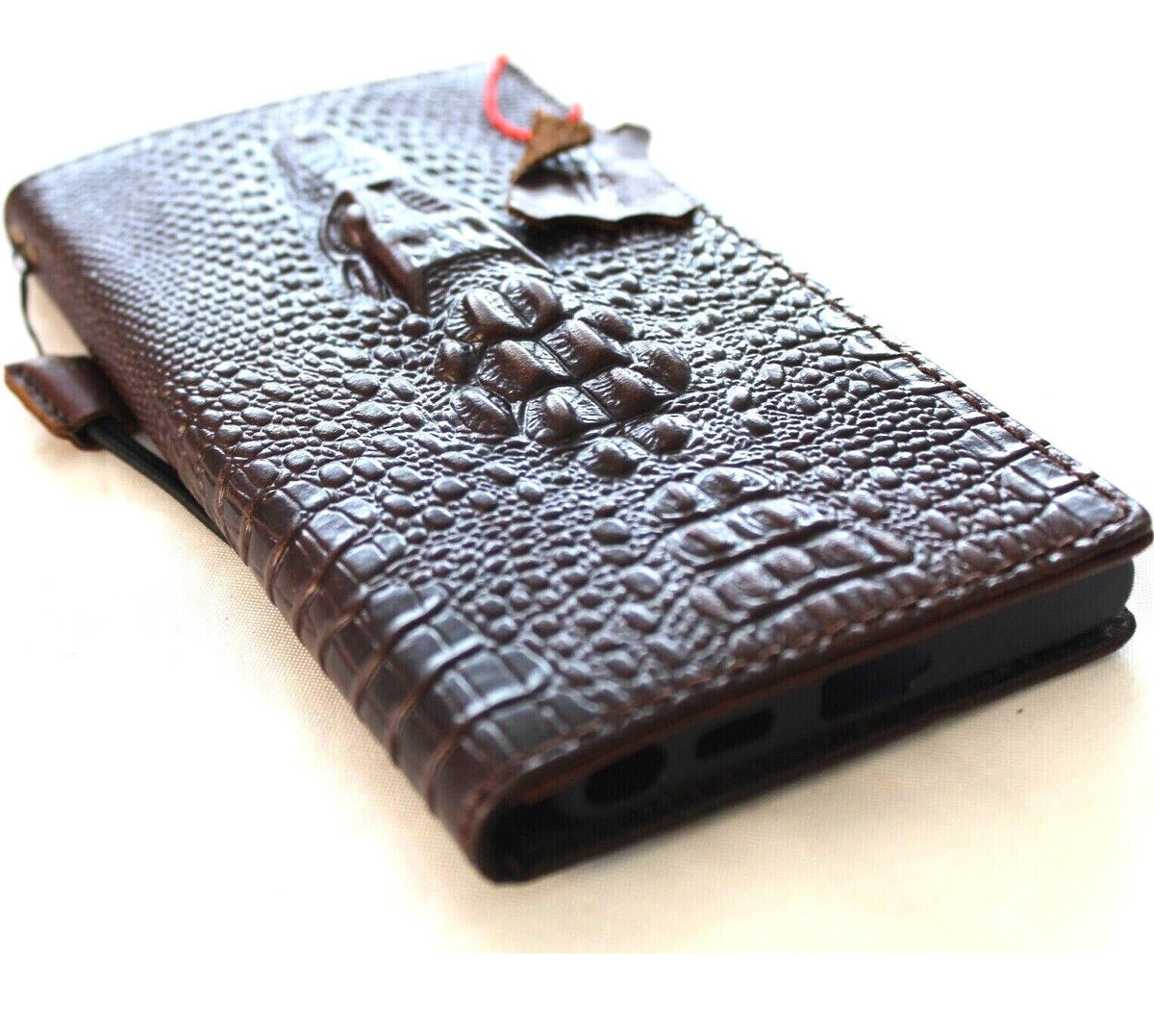Handmade genuine leather phone case with vintage crocodile style wallet design for Samsung Galaxy S and Note models by DAVISCASE.