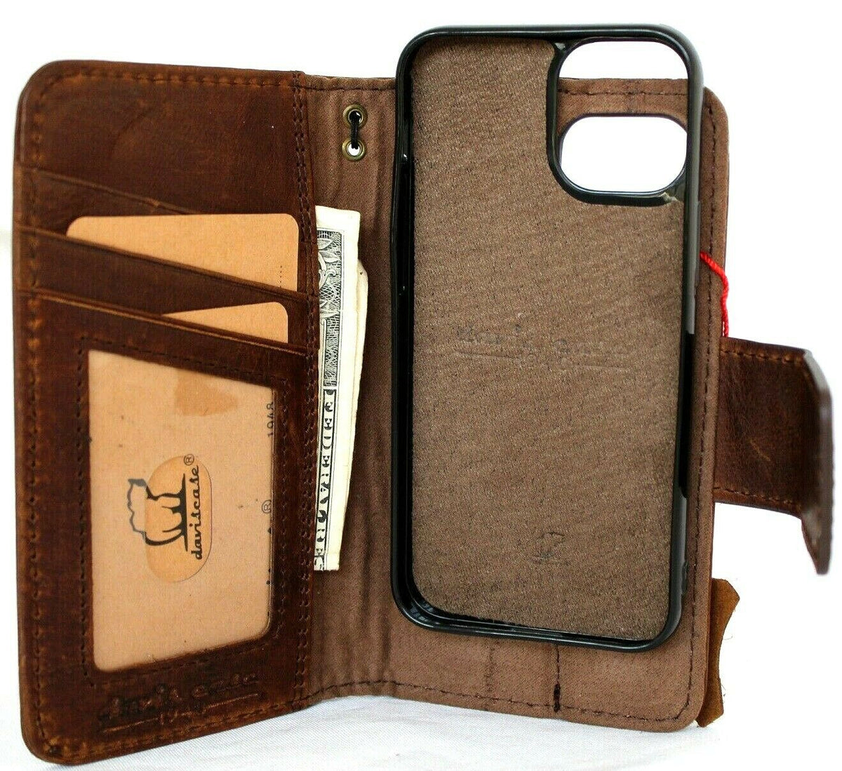 Genuine dark leather book wallet phone case for iPhone 12 Mini by DAVISCASE with card slots, soft closure, and magnetic removable cover.