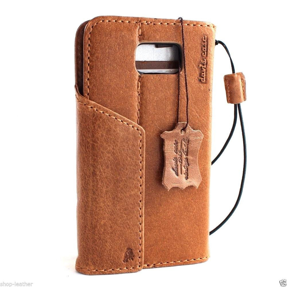 Light brown genuine leather phone case for Samsung Galaxy Note 5, vintage-style wallet cover with magnetic closure.