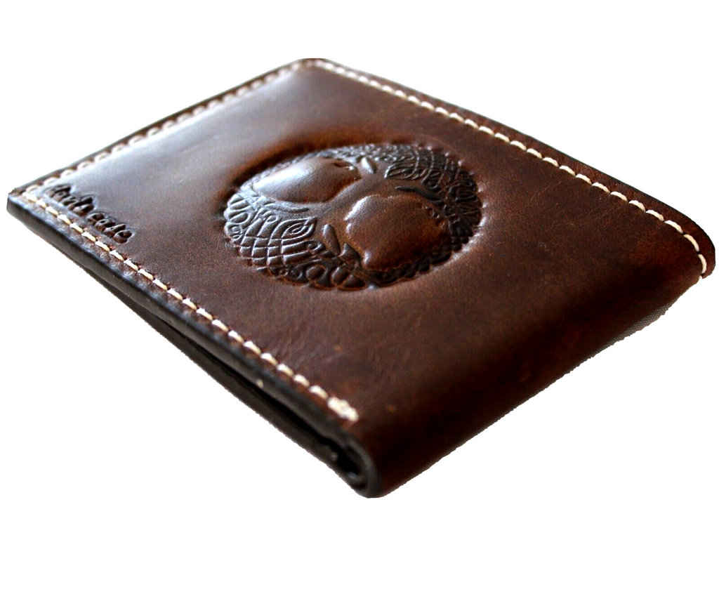 Men's genuine leather wallet by DAVISCASE with credit card slots, bill compartment, and Tree of Life design in brown leather.