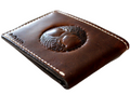 Men's genuine leather wallet by DAVISCASE with credit card slots, bill compartment, and Tree of Life design in brown leather.