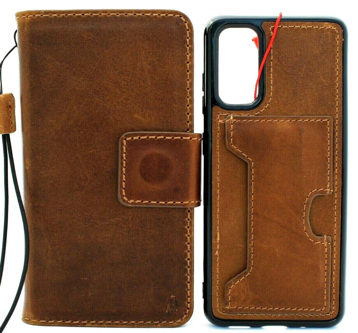 DavisCase genuine full leather wallet case for Samsung Galaxy S20 in soft tan with removable slots and rubber holder, wireless charging compatible