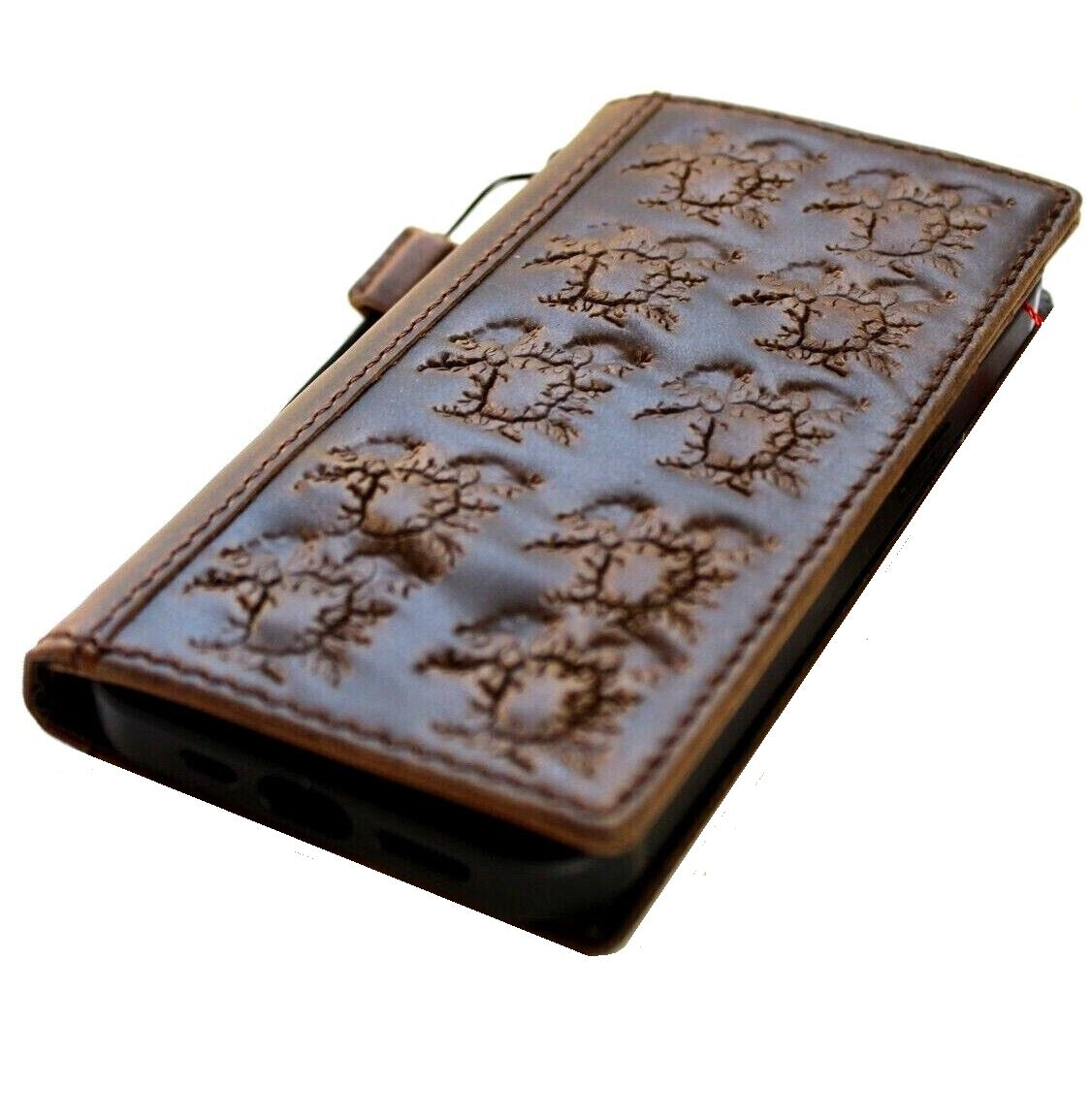 Handcrafted genuine leather phone case for Apple iPhone 12-15 Pro Max, vintage style with card slots and full grain cracked leather.