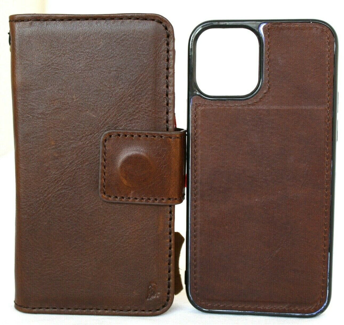 Genuine dark leather iPhone 12 case with vintage book wallet design, credit card slots, soft cover, removable magnetic cover by DAVISCASE