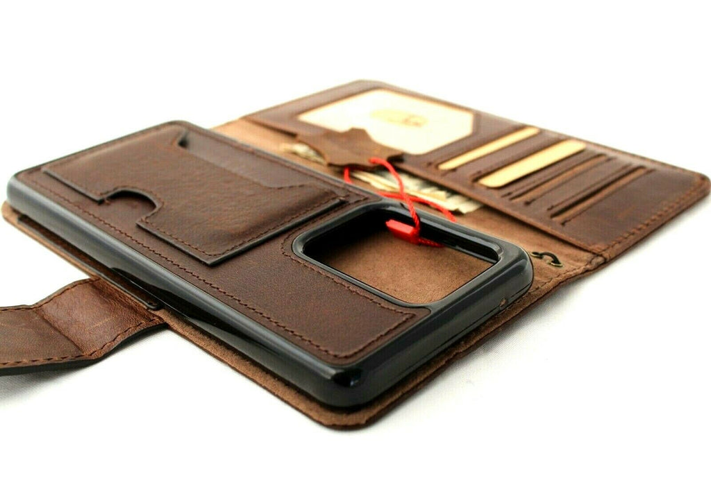 Genuine leather Samsung Galaxy S20 Ultra case with wallet slots, removable holder, rubber window, and wireless charging compatibility.
