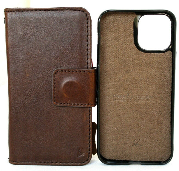 Genuine Soft Dark Leather Case For Apple iPhone 12 PRO Book Wallet Vintage Style ID Window Credit Cards Slots Soft Cover Magnetic Removable Full Grain DavisCase