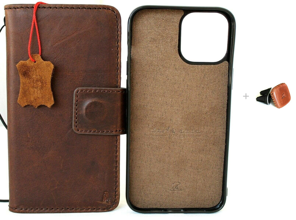 Genuine soft dark leather iPhone 12 Pro Max case with wallet design, ID window, credit card slots, magnetic cover, and car holder.