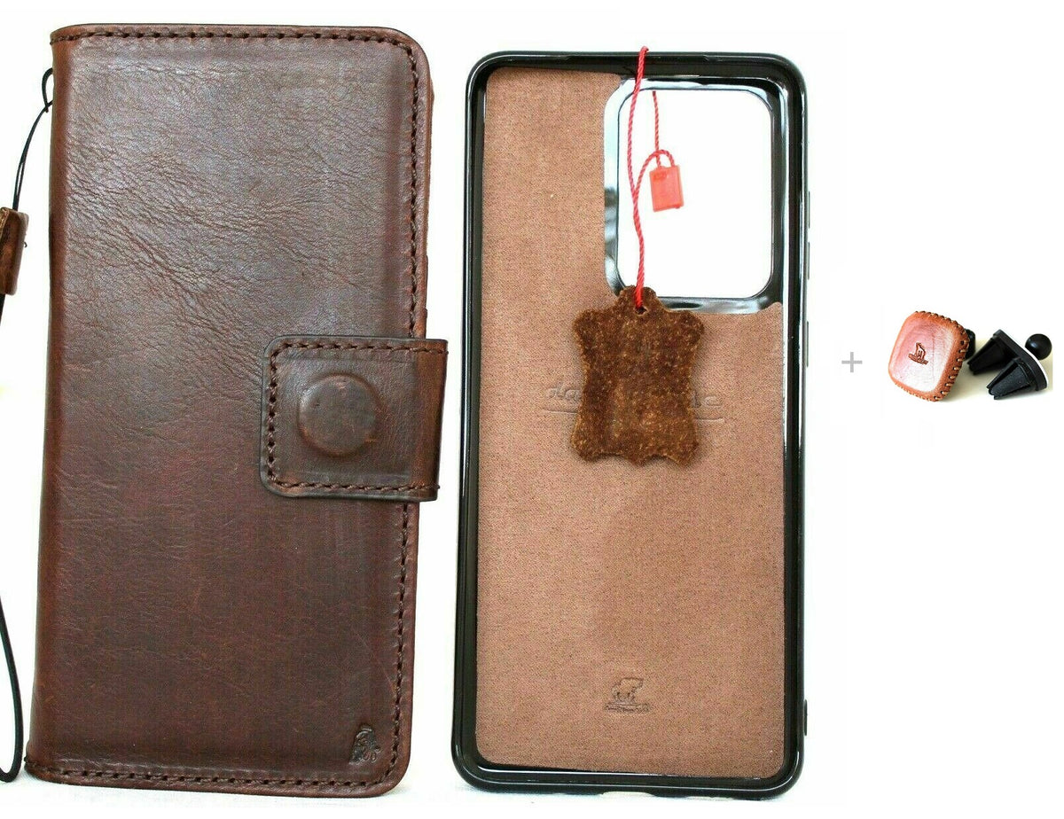 DavisCase genuine dark leather Samsung Galaxy Note 20 Ultra case with wallet, card slots, magnetic closure, and detachable holder.
