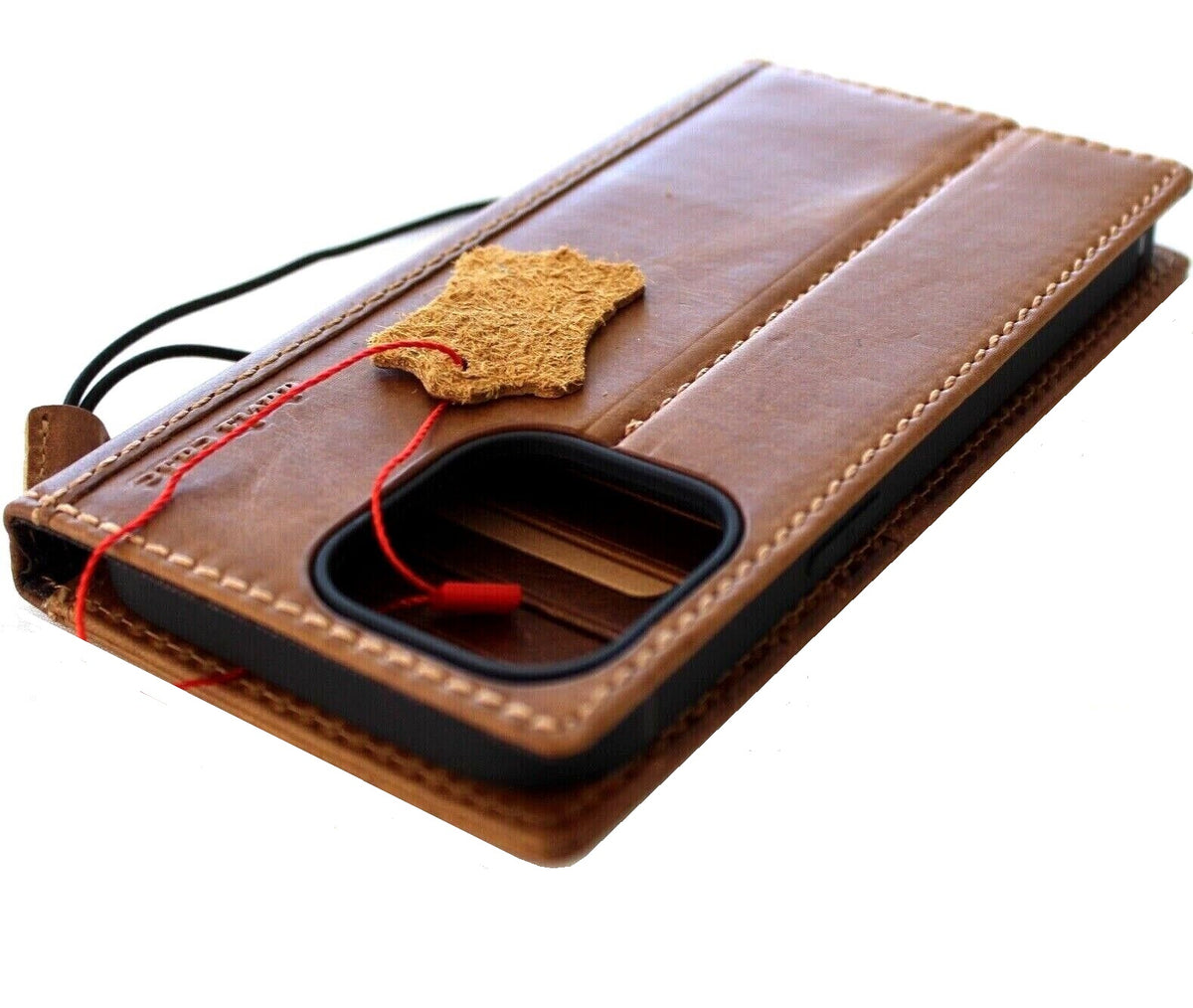 Handmade genuine leather phone case for iPhone 12-17, with card slots and luxury stamped design by DAVISCASE