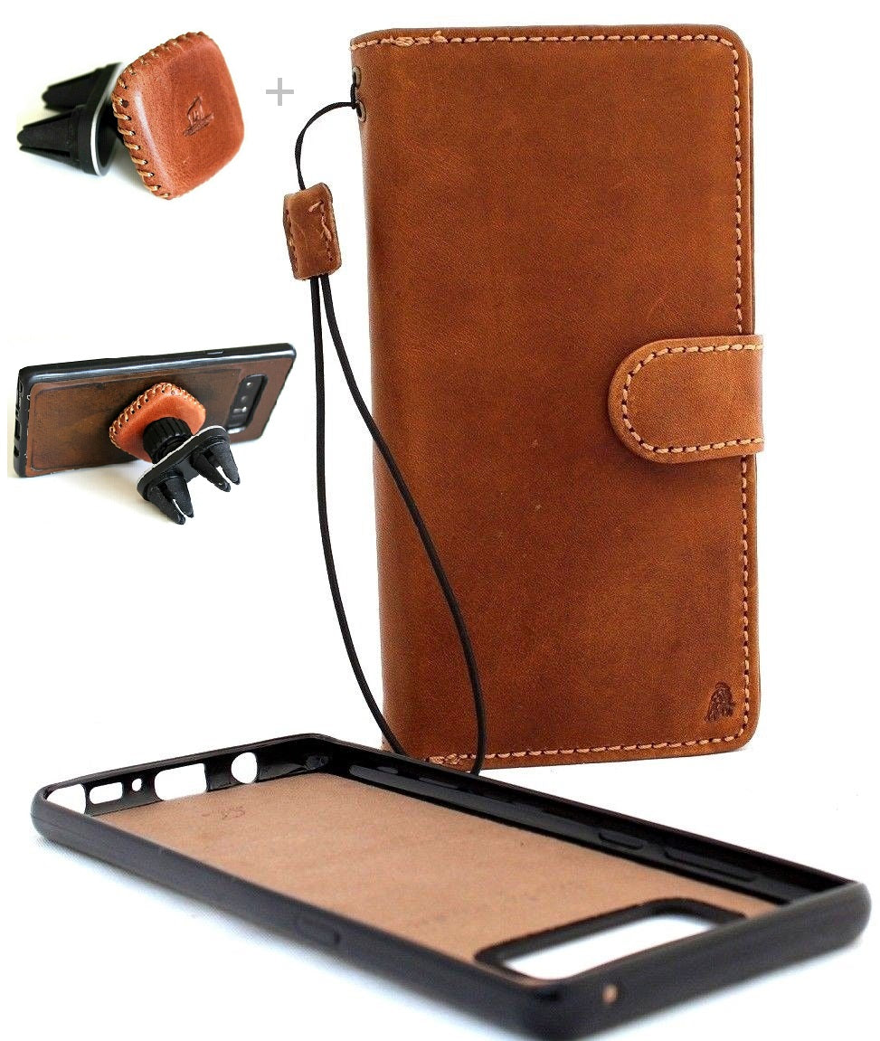 Genuine full tanned leather Galaxy Note 8 wallet case with card slots, ID window, magnetic closure, and magnetic car holder by DavisCase