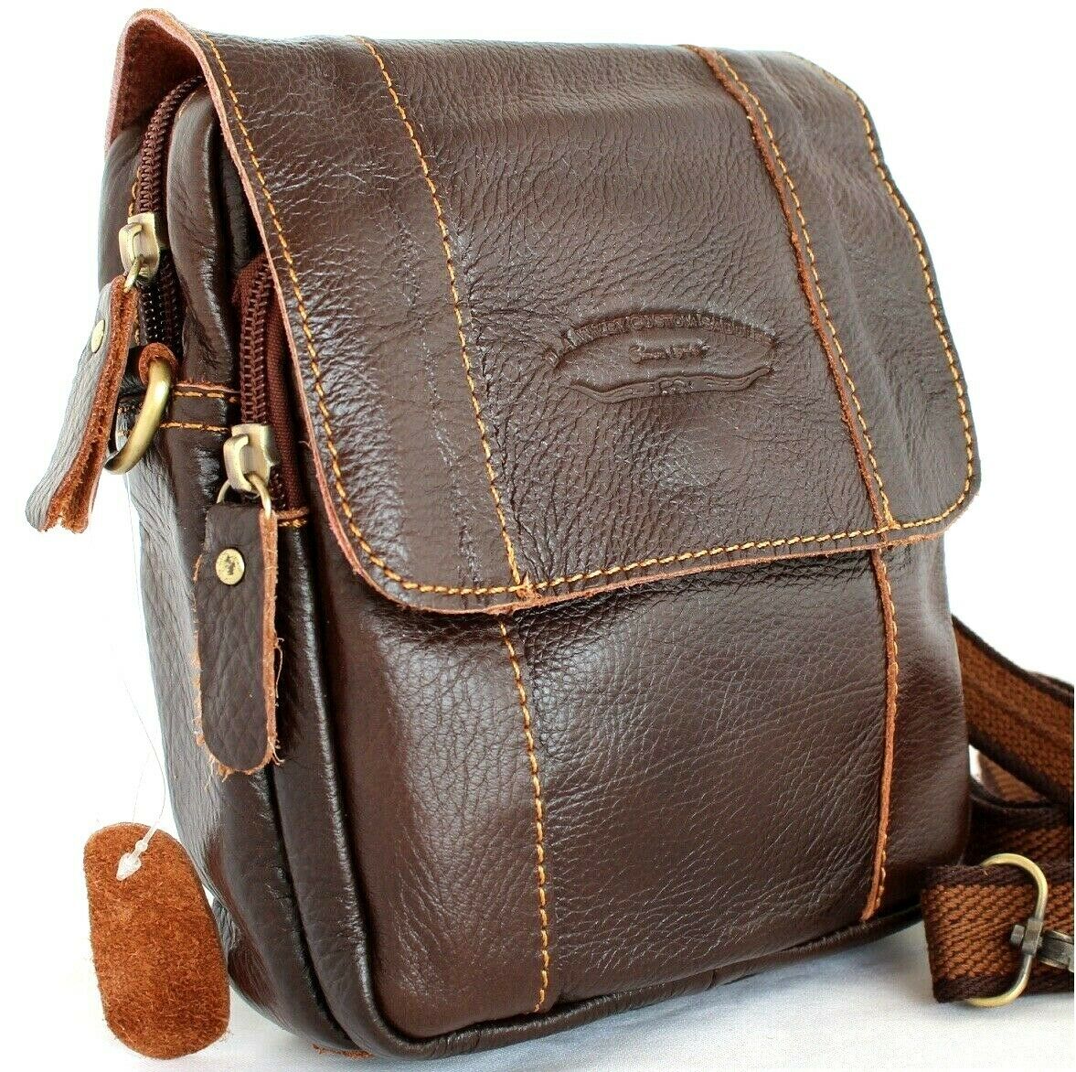 Mens DAVISCASE genuine full grain leather waist pouch with vintage crossbody design and soft finish, featuring a canvas belt.