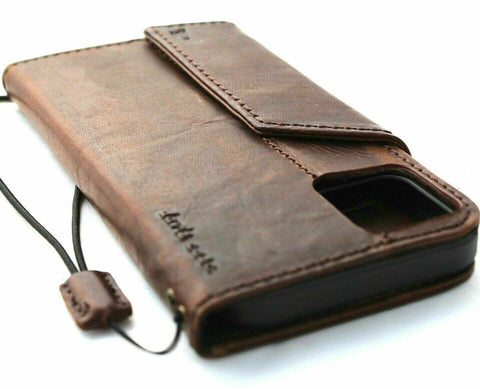 Echtes dunkles Leder-Brieftaschenetui für Apple iPhone 11 Pro Max, Kreditkartenhalter, kabelloses Aufladen, Buch, luxuriöses Gummiband, DavisCase 