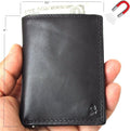 Black men's genuine leather mini wallet with card slots, coin zipper, and magnetic closure, showcasing a slim, soft design.