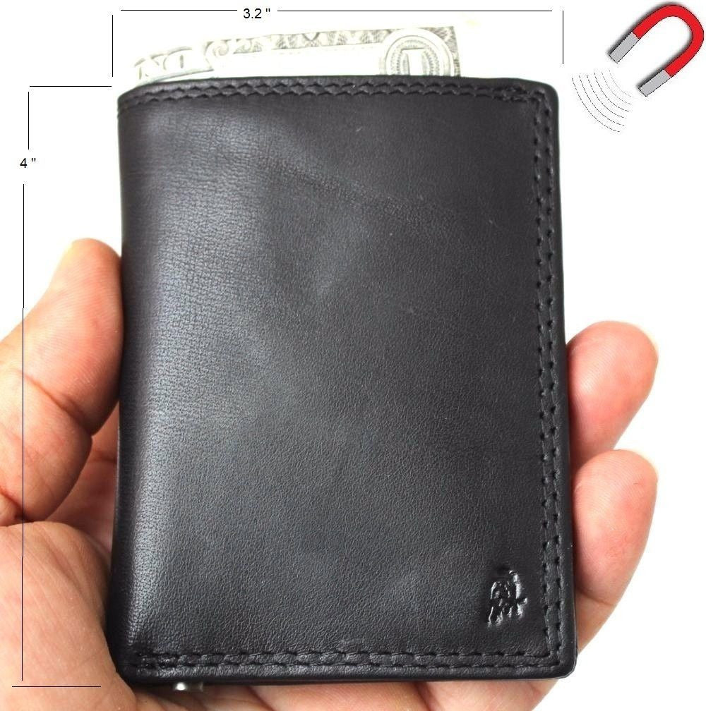 Black men's genuine leather mini wallet with card slots, coin zipper, and magnetic closure, showcasing a slim, soft design.