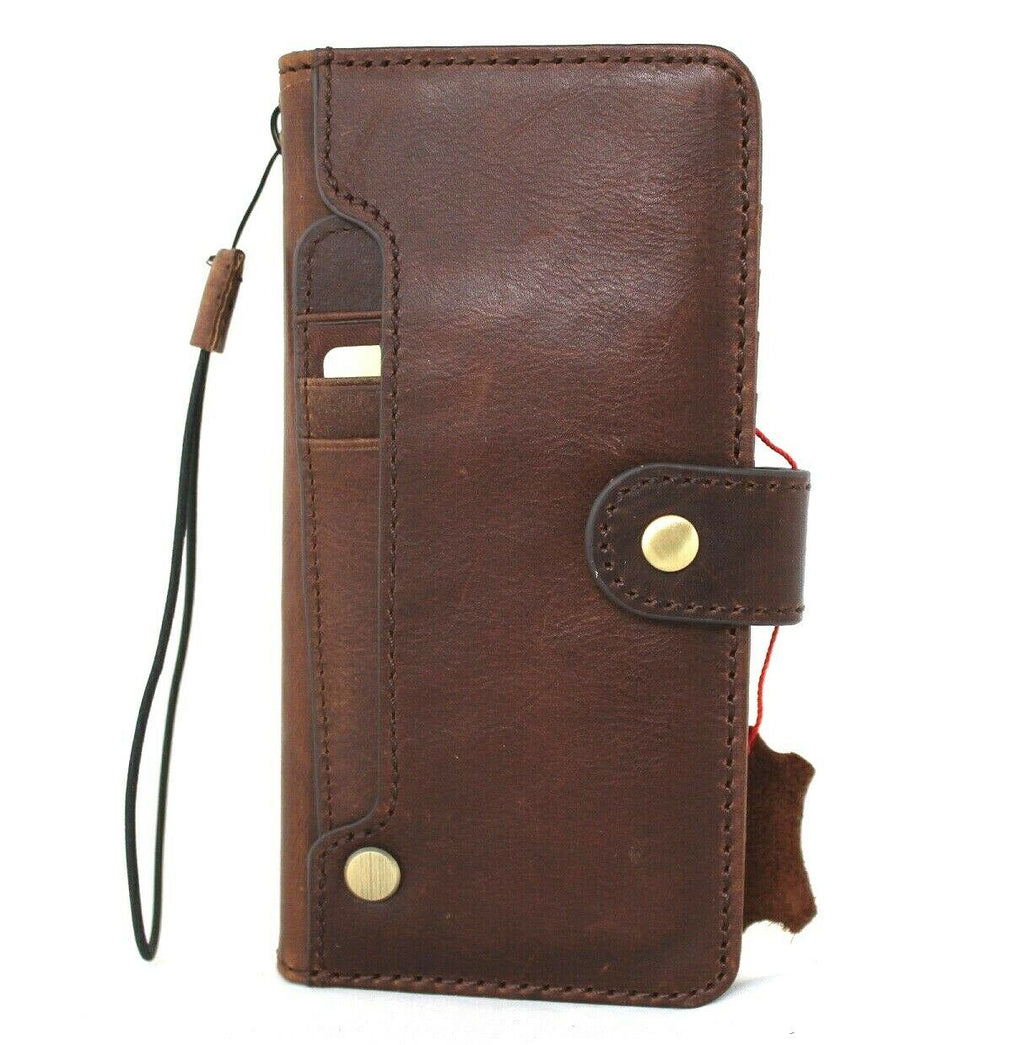 Dark genuine top grain leather Samsung Galaxy S21 Ultra 5G case by DAVISCASE, handmade with wallet and rubber holder features.
