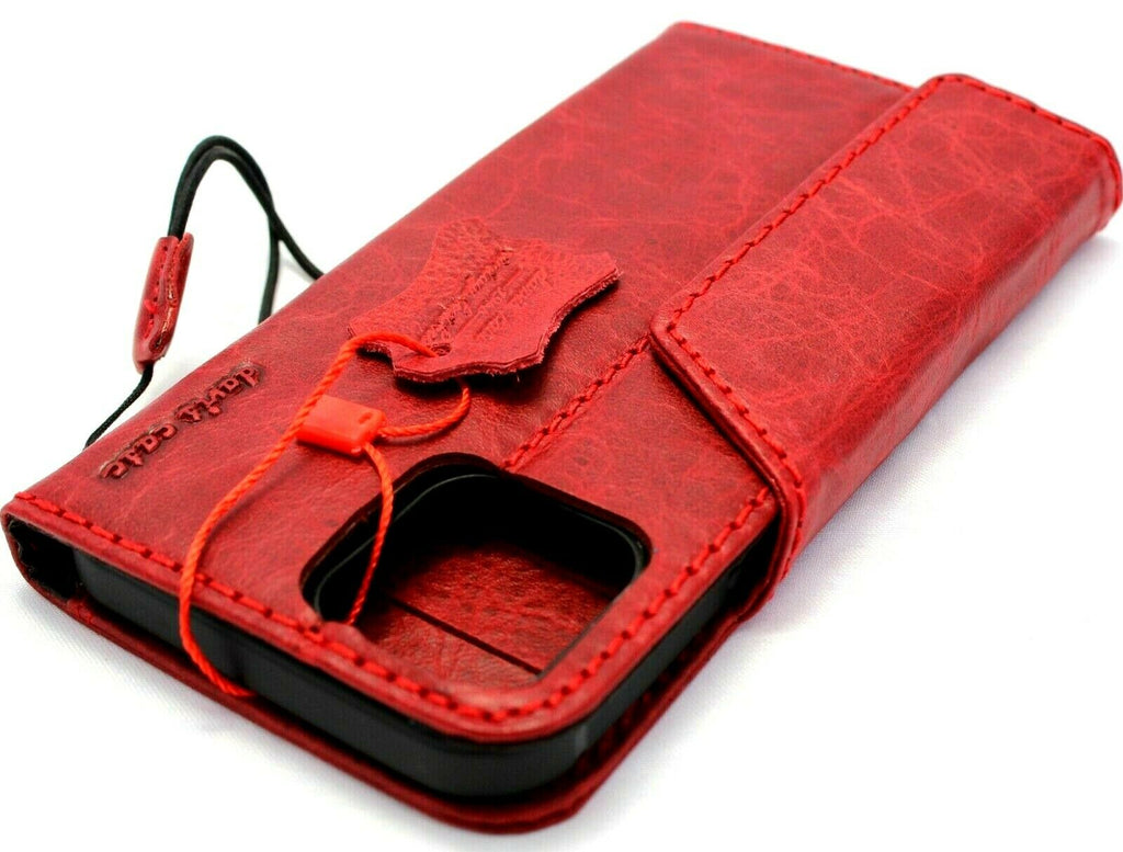 Handmade genuine red leather wallet case for iPhone 11 Pro Max with credit card slots, rubber strap, and wireless charging compatibility.
