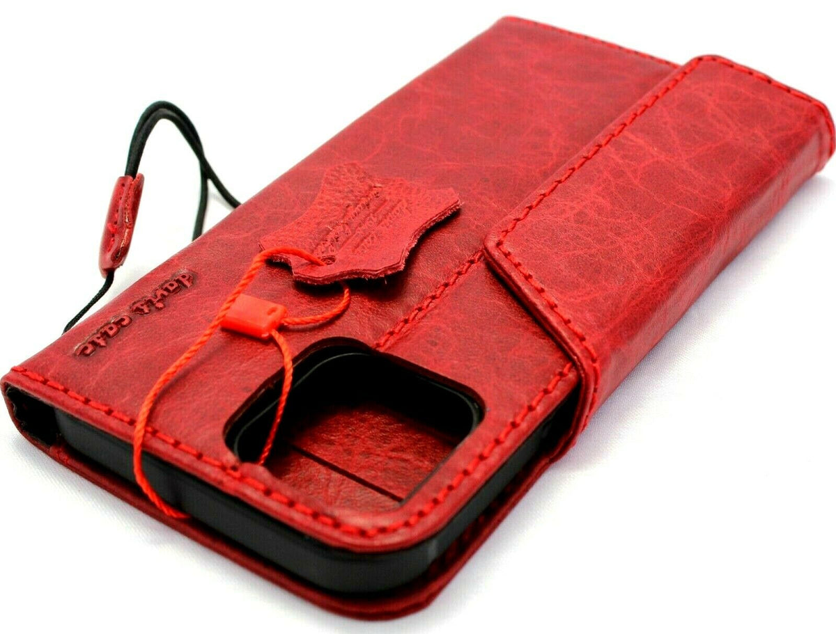 Handmade genuine red leather wallet case for iPhone 11 Pro Max with credit card slots, rubber strap, and wireless charging compatibility.