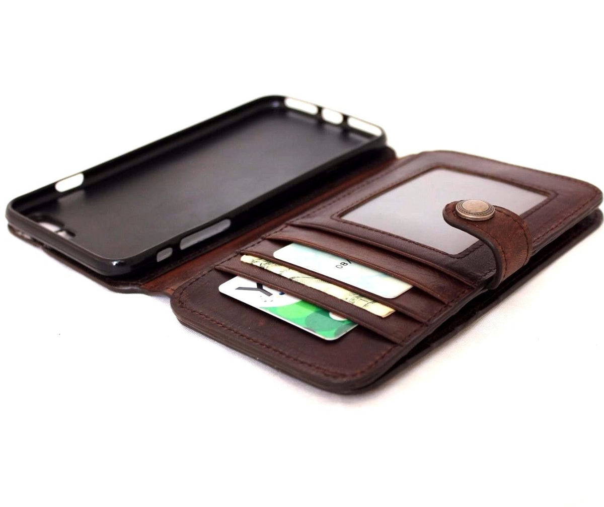 Brown genuine leather iPhone 8 case with wallet design, card slots, RFID protection, and book-style closure for luxury protection.