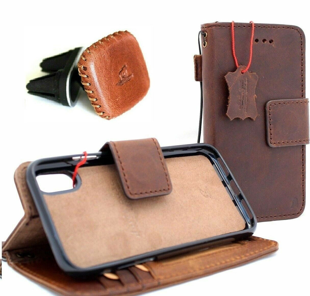 Genuine full leather wallet case for Apple iPhone XR by DAVISCASE with stand, magnetic car holder, and removable credit card slots.