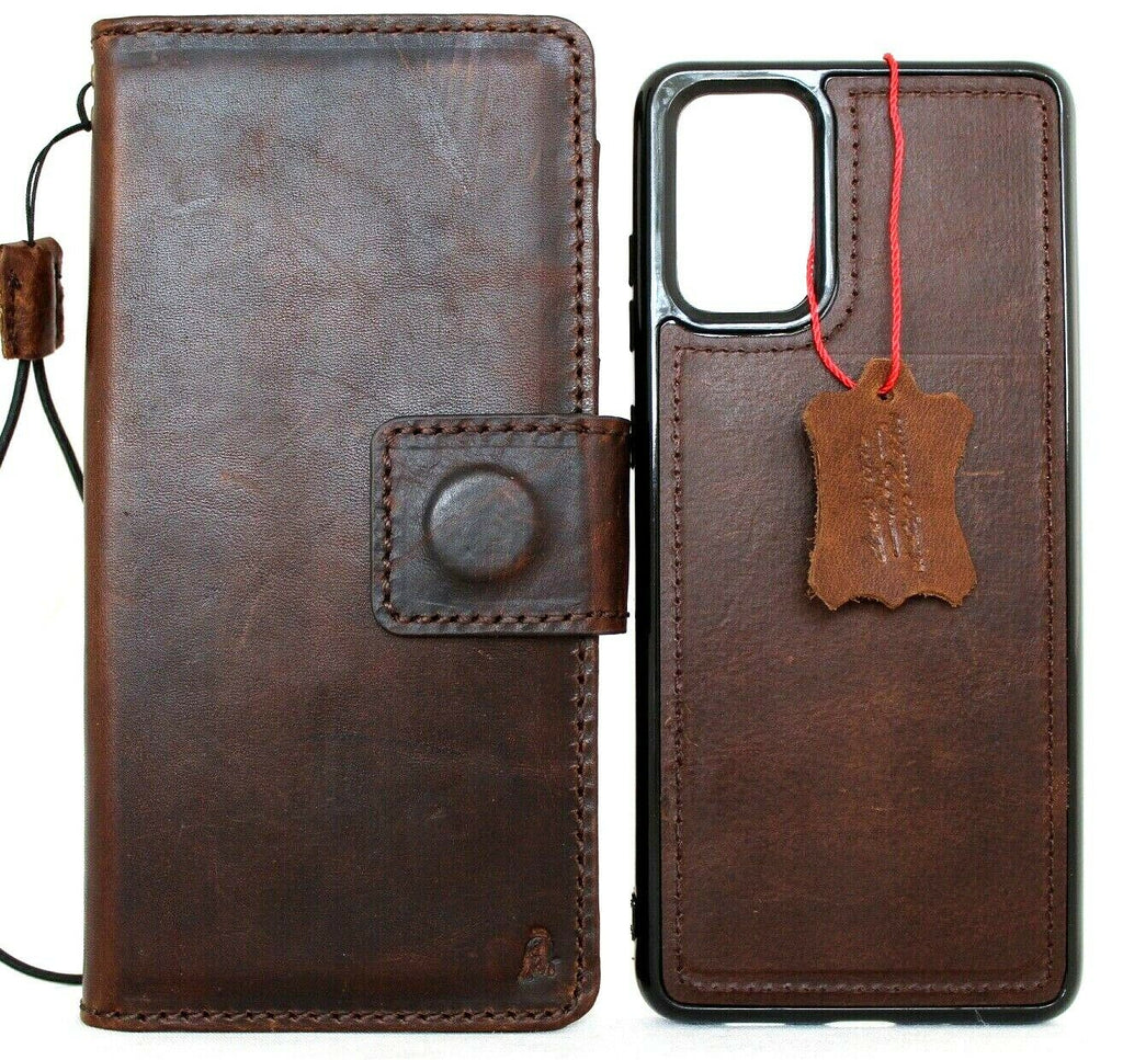 DavisCase genuine leather book wallet case for Samsung Galaxy S20 Plus with card slots, magnetic stand, and removable cover.