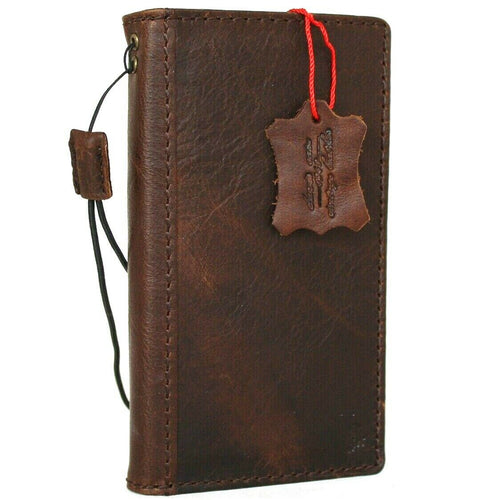 Genuine dark natural leather iPhone 12 Mini wallet case with vintage design, slim soft cover, handmade by DAVISCASE.