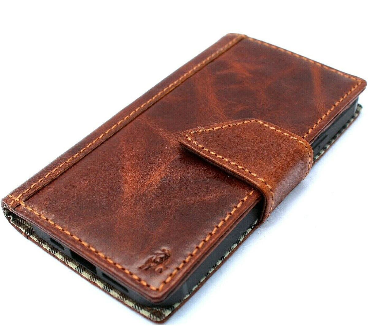 Handmade genuine leather wallet case for iPhone 11-13, XR, XS Max, with ID window, credit card slots, vintage style by DAVISCASE