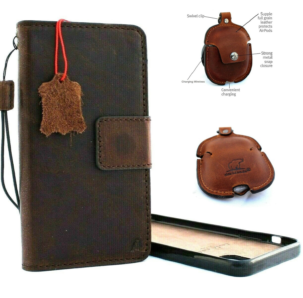 Handmade genuine leather iPhone 11 Pro Max case with wallet and credit card holder, magnetic removable section, compatible with AirPods 2.