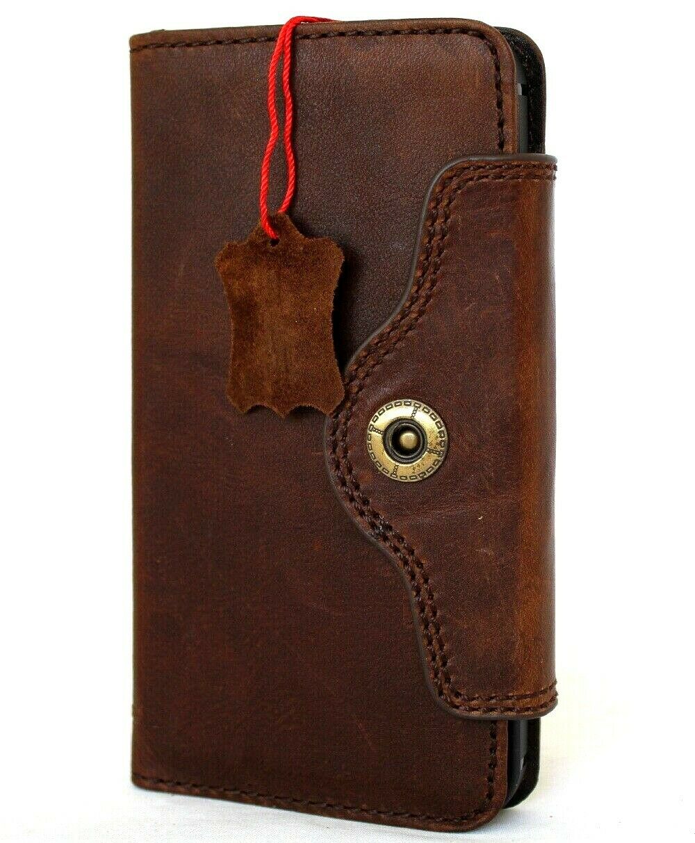 Handmade genuine dark soft leather iPhone 12 Pro Max case with wallet style, credit card slots, slim design, DavisCase brand.