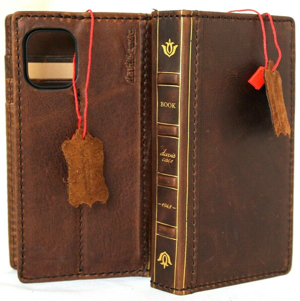 Genuine soft vintage leather iPhone 12 Mini wallet case with Bible design, credit card slots, slim ID window by DAVISCASE