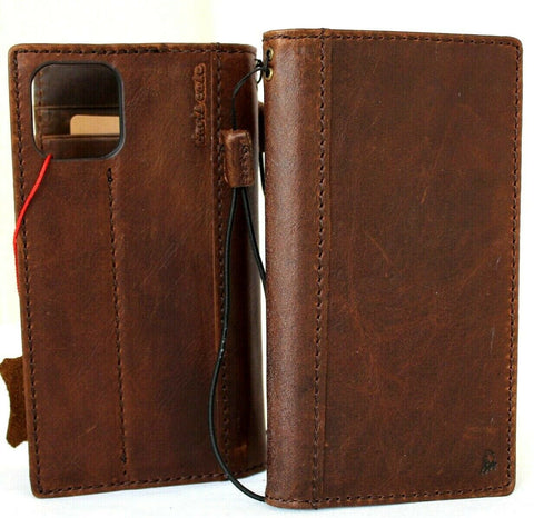 Genuine Full Dark Leather Case For Apple iPhone 12 Pro Max Book Wallet Vintage Style ID Window Credit Cards Slots Soft Cover Full Grain DavisCase